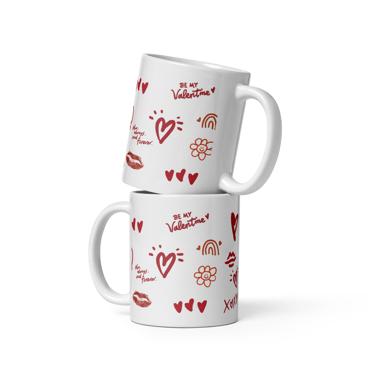 This sweet white ceramic mug is decorated with cute hand-drawn red Valentine-themed doodles, including hearts, lip prints and little flowers. It is printed with the phrase "Be my Valentine", perfect as a lovely gift for your sweetheart on Valentine’s Day. Sip your hot drinks and share your love with this charming cup!