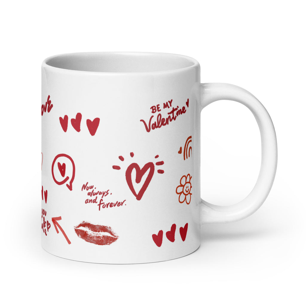 This sweet white ceramic mug is decorated with cute hand-drawn red Valentine-themed doodles, including hearts, lip prints and little flowers. It is printed with the phrase "Be my Valentine", perfect as a lovely gift for your sweetheart on Valentine’s Day. Sip your hot drinks and share your love with this charming cup!