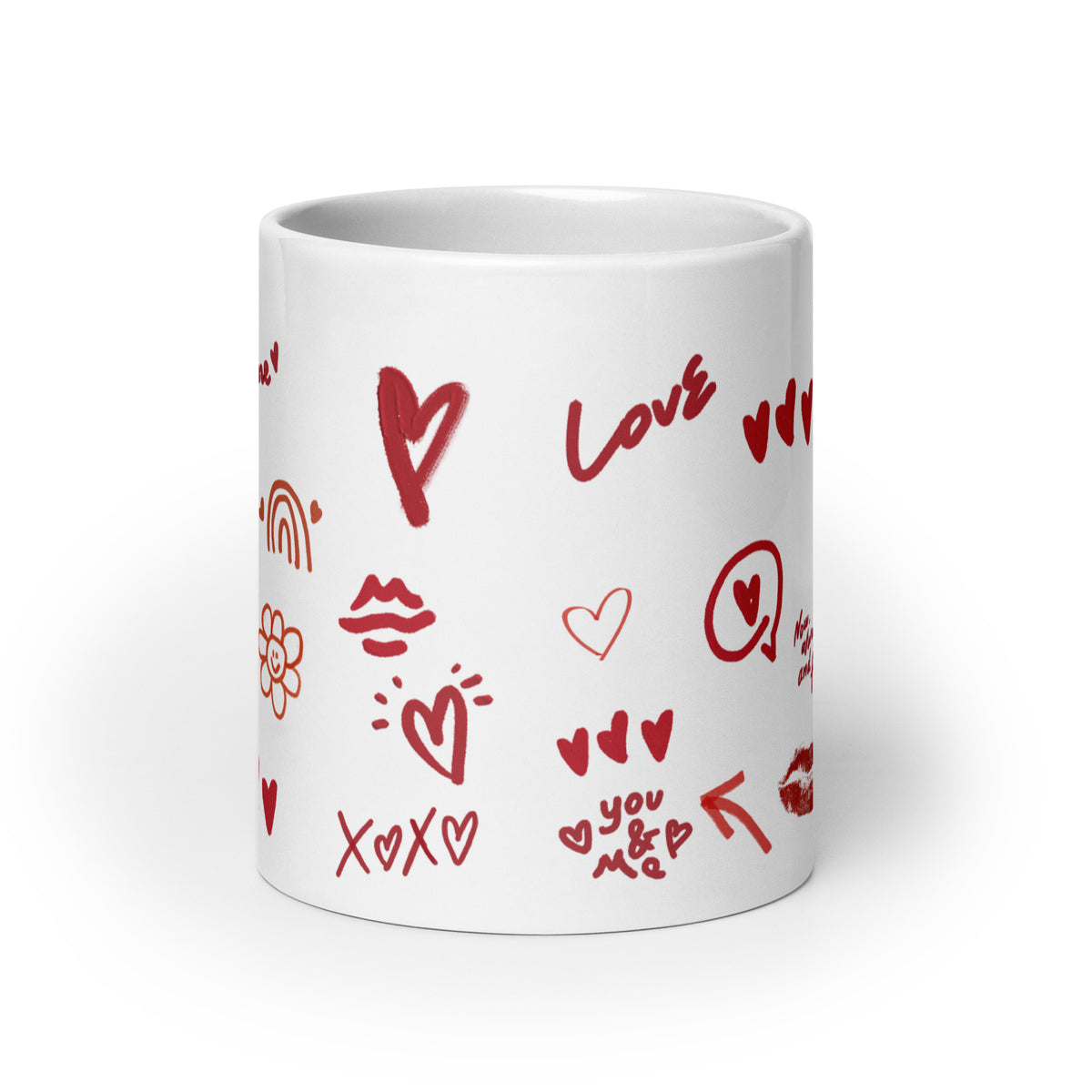 This sweet white ceramic mug is decorated with cute hand-drawn red Valentine-themed doodles, including hearts, lip prints and little flowers. It is printed with the phrase "Be my Valentine", perfect as a lovely gift for your sweetheart on Valentine’s Day. Sip your hot drinks and share your love with this charming cup!
