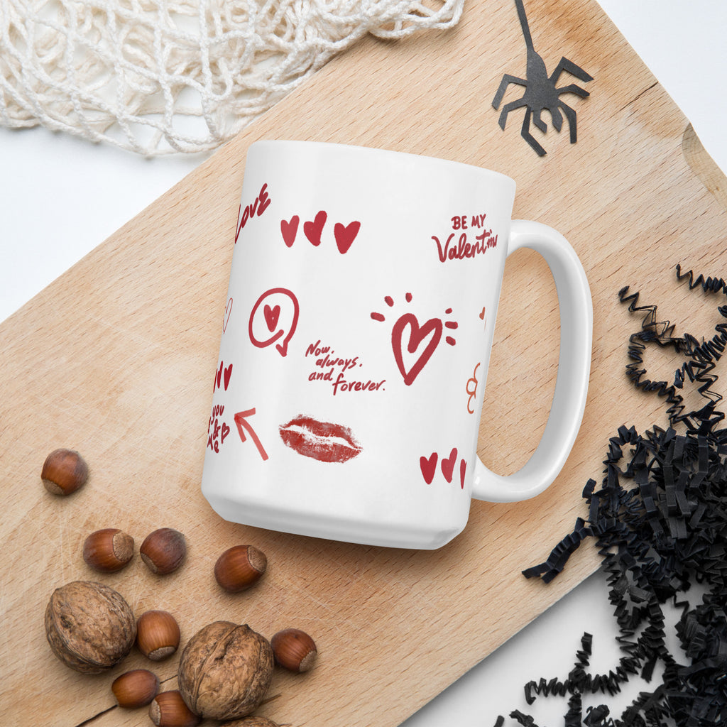This sweet white ceramic mug is decorated with cute hand-drawn red Valentine-themed doodles, including hearts, lip prints and little flowers. It is printed with the phrase "Be my Valentine", perfect as a lovely gift for your sweetheart on Valentine’s Day. Sip your hot drinks and share your love with this charming cup!