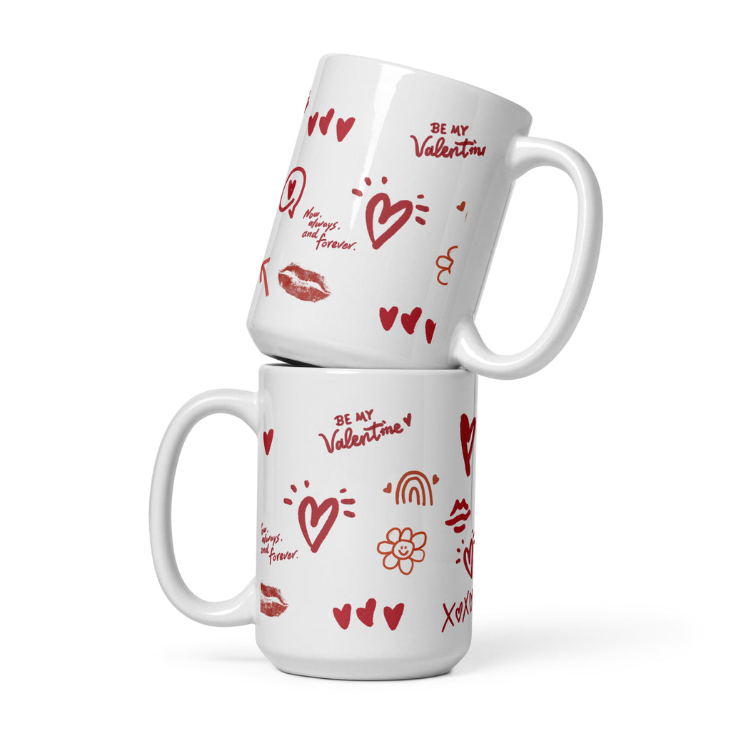 This sweet white ceramic mug is decorated with cute hand-drawn red Valentine-themed doodles, including hearts, lip prints and little flowers. It is printed with the phrase "Be my Valentine", perfect as a lovely gift for your sweetheart on Valentine’s Day. Sip your hot drinks and share your love with this charming cup!