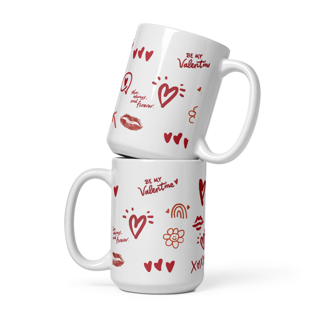 This sweet white ceramic mug is decorated with cute hand-drawn red Valentine-themed doodles, including hearts, lip prints and little flowers. It is printed with the phrase "Be my Valentine", perfect as a lovely gift for your sweetheart on Valentine’s Day. Sip your hot drinks and share your love with this charming cup!