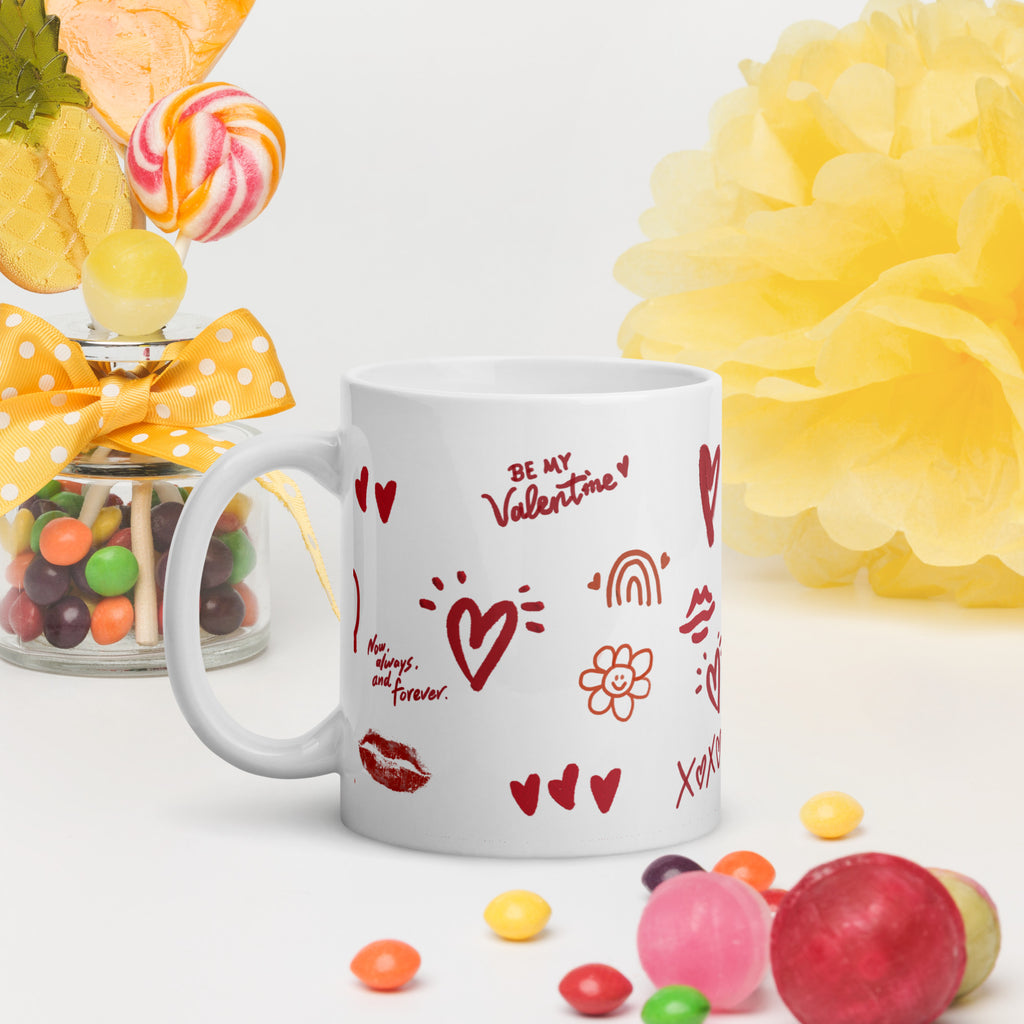 This sweet white ceramic mug is decorated with cute hand-drawn red Valentine-themed doodles, including hearts, lip prints and little flowers. It is printed with the phrase "Be my Valentine", perfect as a lovely gift for your sweetheart on Valentine’s Day. Sip your hot drinks and share your love with this charming cup!