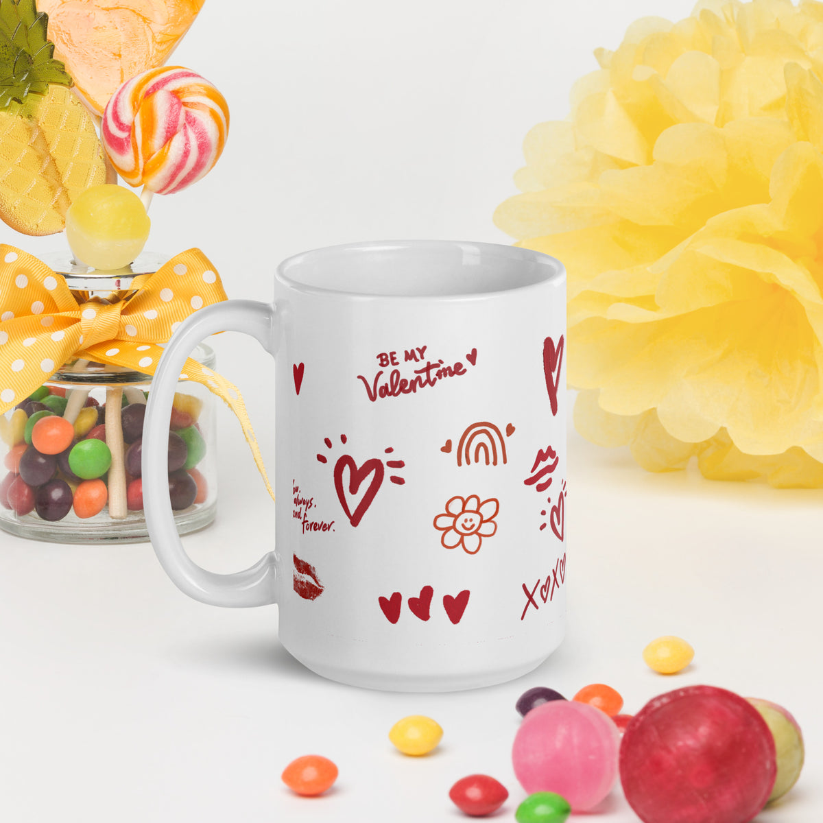 This sweet white ceramic mug is decorated with cute hand-drawn red Valentine-themed doodles, including hearts, lip prints and little flowers. It is printed with the phrase "Be my Valentine", perfect as a lovely gift for your sweetheart on Valentine’s Day. Sip your hot drinks and share your love with this charming cup!