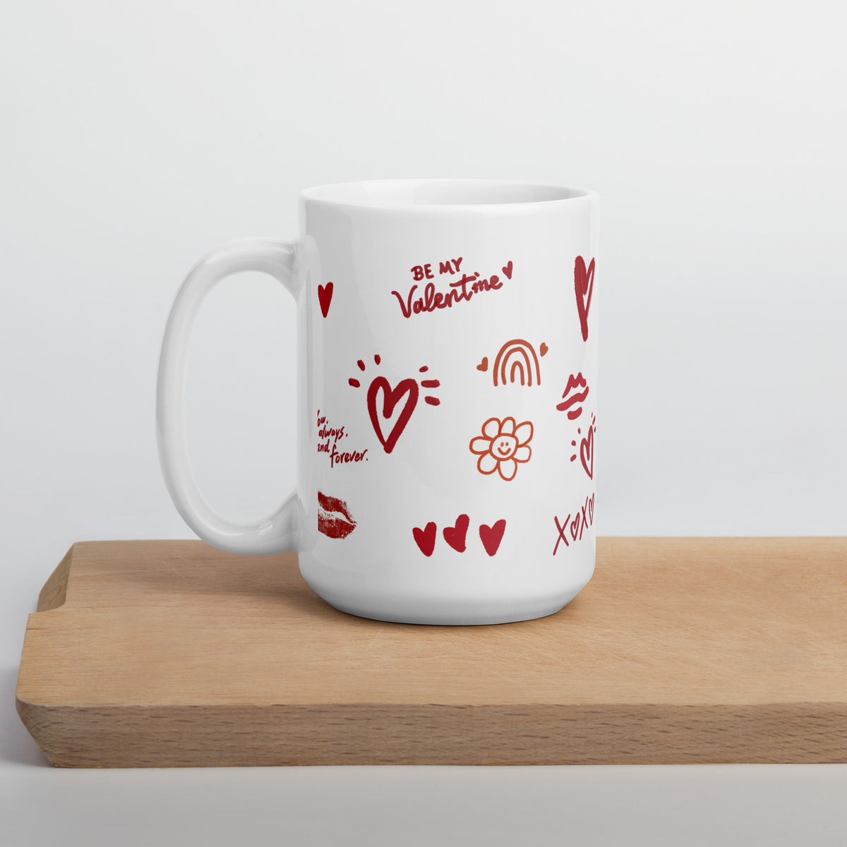 This sweet white ceramic mug is decorated with cute hand-drawn red Valentine-themed doodles, including hearts, lip prints and little flowers. It is printed with the phrase "Be my Valentine", perfect as a lovely gift for your sweetheart on Valentine’s Day. Sip your hot drinks and share your love with this charming cup!