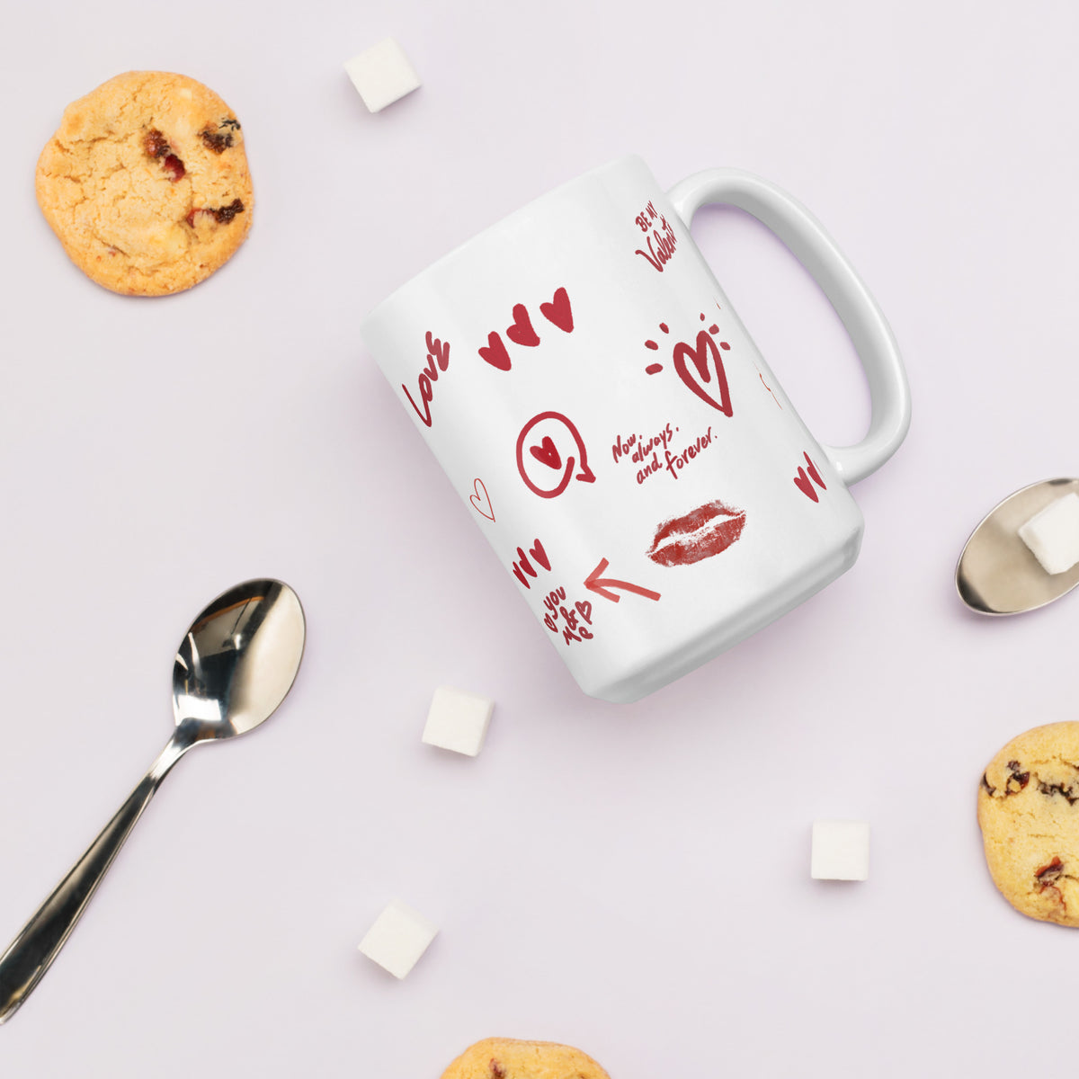 This sweet white ceramic mug is decorated with cute hand-drawn red Valentine-themed doodles, including hearts, lip prints and little flowers. It is printed with the phrase "Be my Valentine", perfect as a lovely gift for your sweetheart on Valentine’s Day. Sip your hot drinks and share your love with this charming cup!