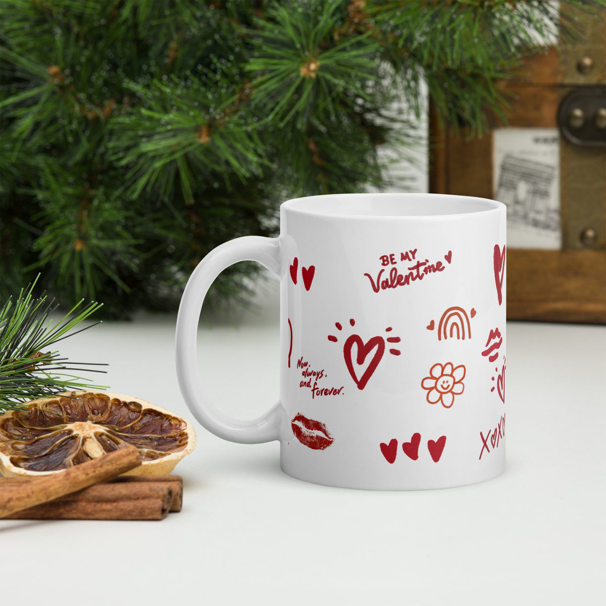 This sweet white ceramic mug is decorated with cute hand-drawn red Valentine-themed doodles, including hearts, lip prints and little flowers. It is printed with the phrase "Be my Valentine", perfect as a lovely gift for your sweetheart on Valentine’s Day. Sip your hot drinks and share your love with this charming cup!