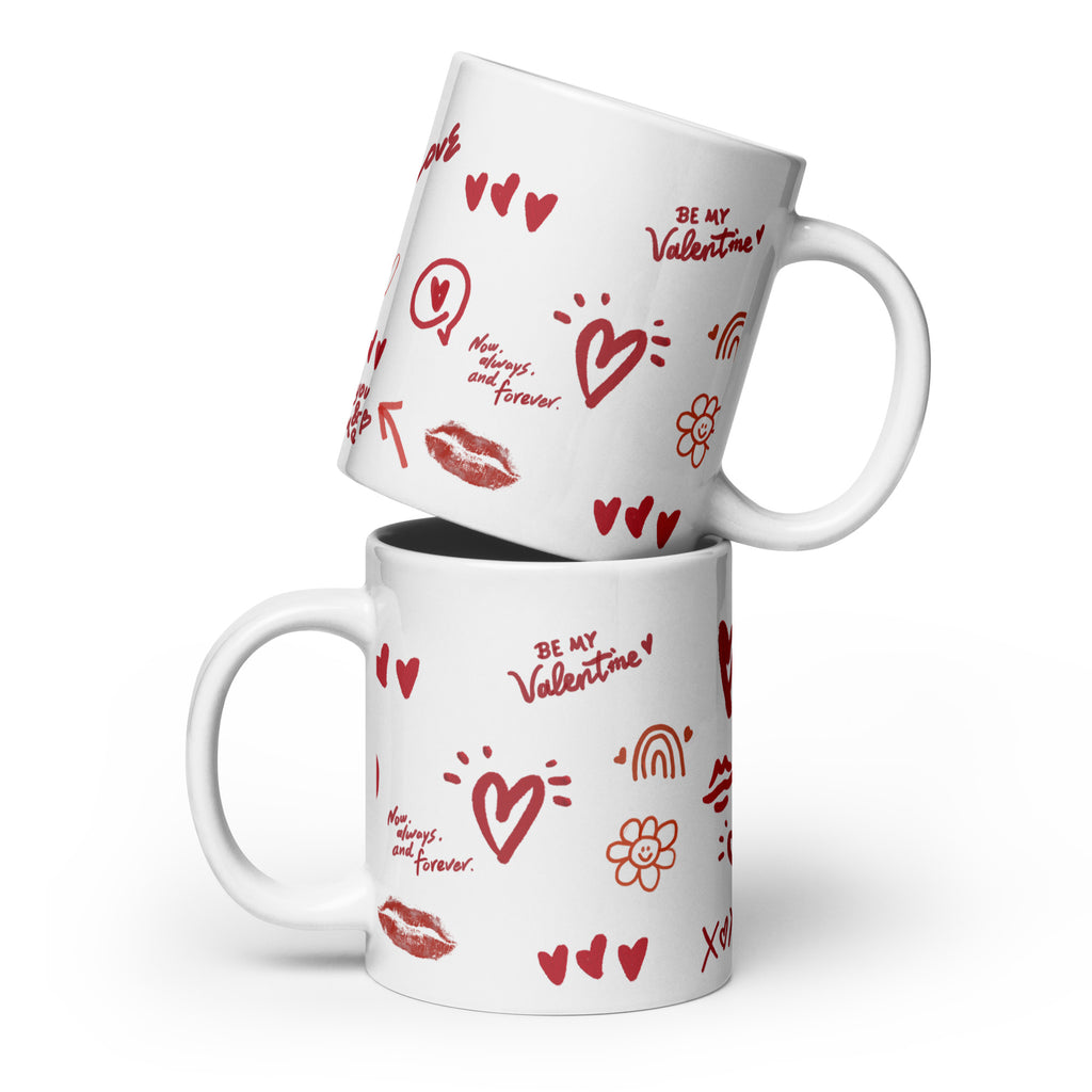 This sweet white ceramic mug is decorated with cute hand-drawn red Valentine-themed doodles, including hearts, lip prints and little flowers. It is printed with the phrase "Be my Valentine", perfect as a lovely gift for your sweetheart on Valentine’s Day. Sip your hot drinks and share your love with this charming cup!