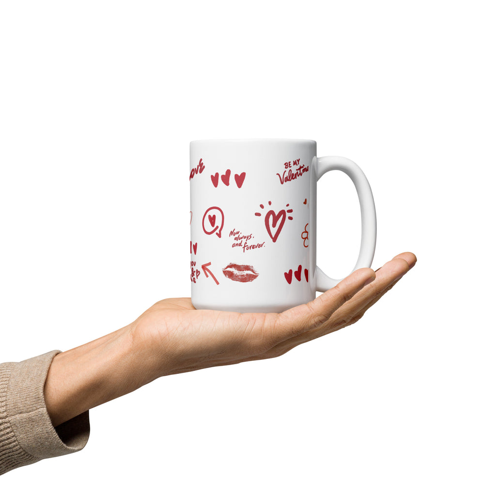 This sweet white ceramic mug is decorated with cute hand-drawn red Valentine-themed doodles, including hearts, lip prints and little flowers. It is printed with the phrase "Be my Valentine", perfect as a lovely gift for your sweetheart on Valentine’s Day. Sip your hot drinks and share your love with this charming cup!