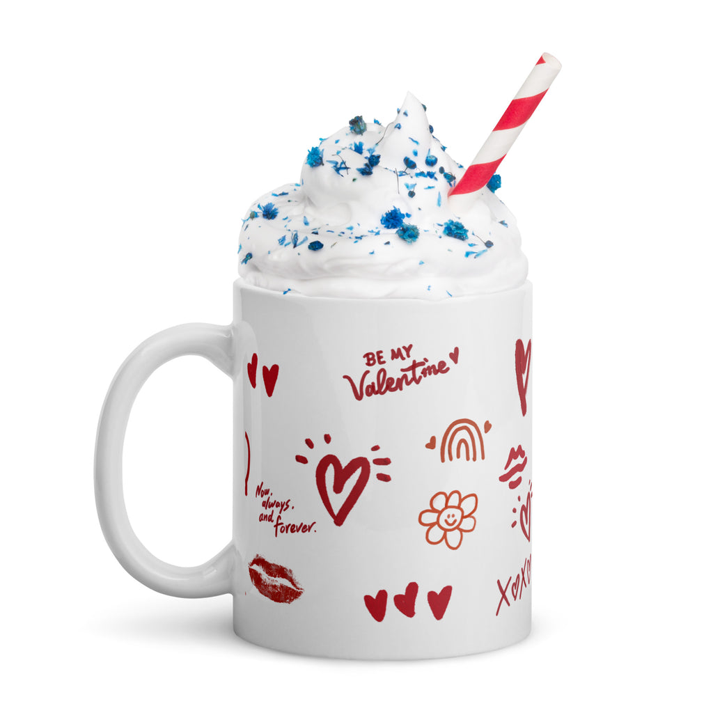 This sweet white ceramic mug is decorated with cute hand-drawn red Valentine-themed doodles, including hearts, lip prints and little flowers. It is printed with the phrase "Be my Valentine", perfect as a lovely gift for your sweetheart on Valentine’s Day. Sip your hot drinks and share your love with this charming cup!