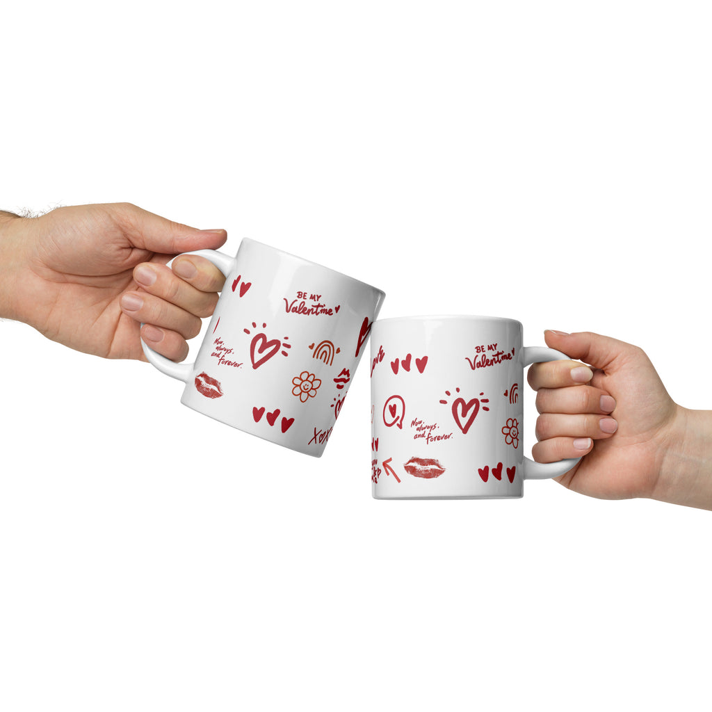 This sweet white ceramic mug is decorated with cute hand-drawn red Valentine-themed doodles, including hearts, lip prints and little flowers. It is printed with the phrase "Be my Valentine", perfect as a lovely gift for your sweetheart on Valentine’s Day. Sip your hot drinks and share your love with this charming cup!
