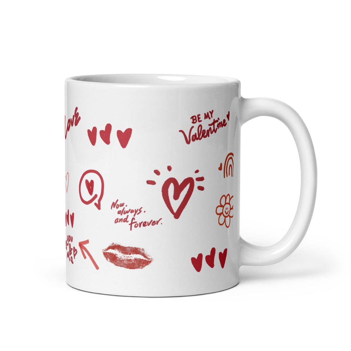 This sweet white ceramic mug is decorated with cute hand-drawn red Valentine-themed doodles, including hearts, lip prints and little flowers. It is printed with the phrase "Be my Valentine", perfect as a lovely gift for your sweetheart on Valentine’s Day. Sip your hot drinks and share your love with this charming cup!
