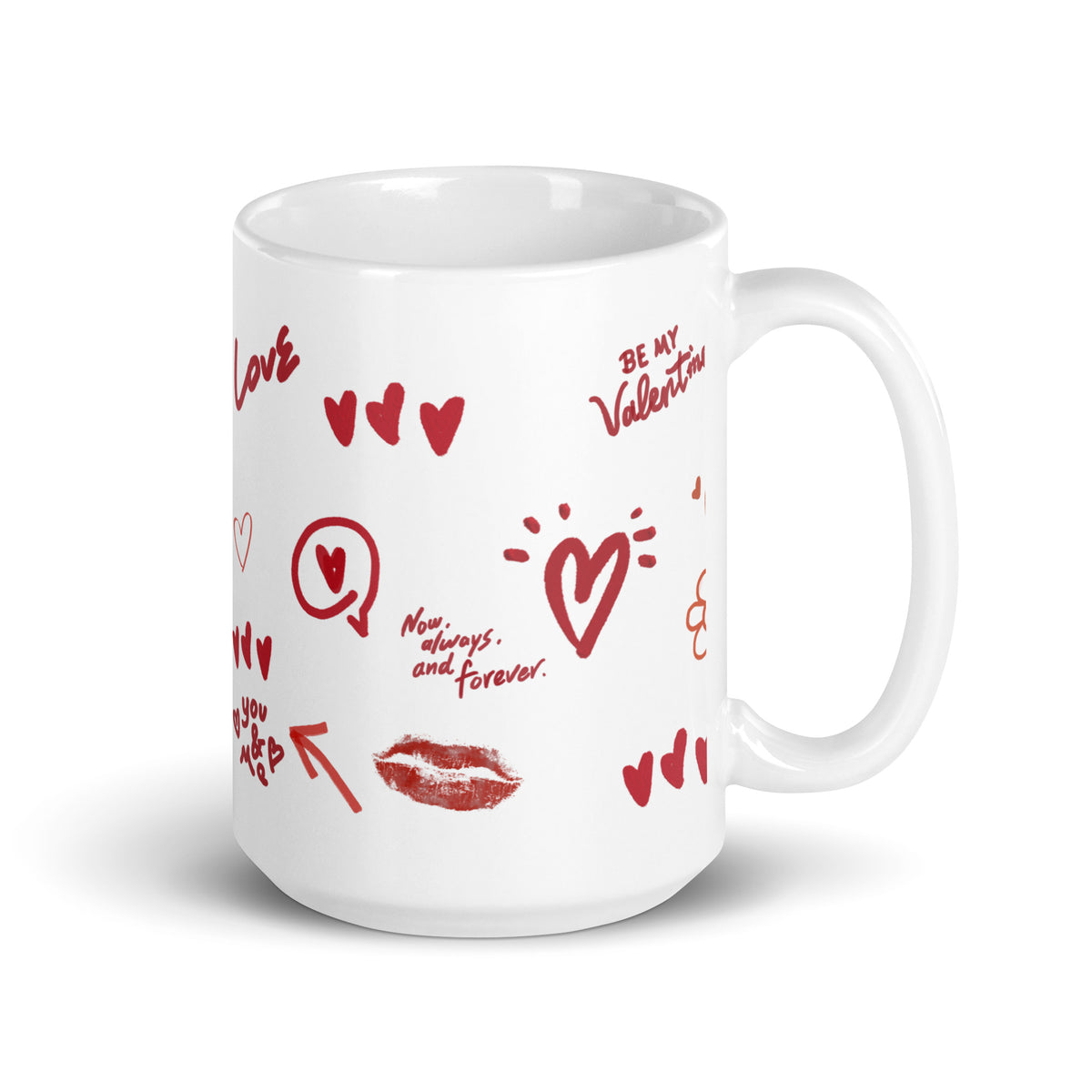 This sweet white ceramic mug is decorated with cute hand-drawn red Valentine-themed doodles, including hearts, lip prints and little flowers. It is printed with the phrase "Be my Valentine", perfect as a lovely gift for your sweetheart on Valentine’s Day. Sip your hot drinks and share your love with this charming cup!