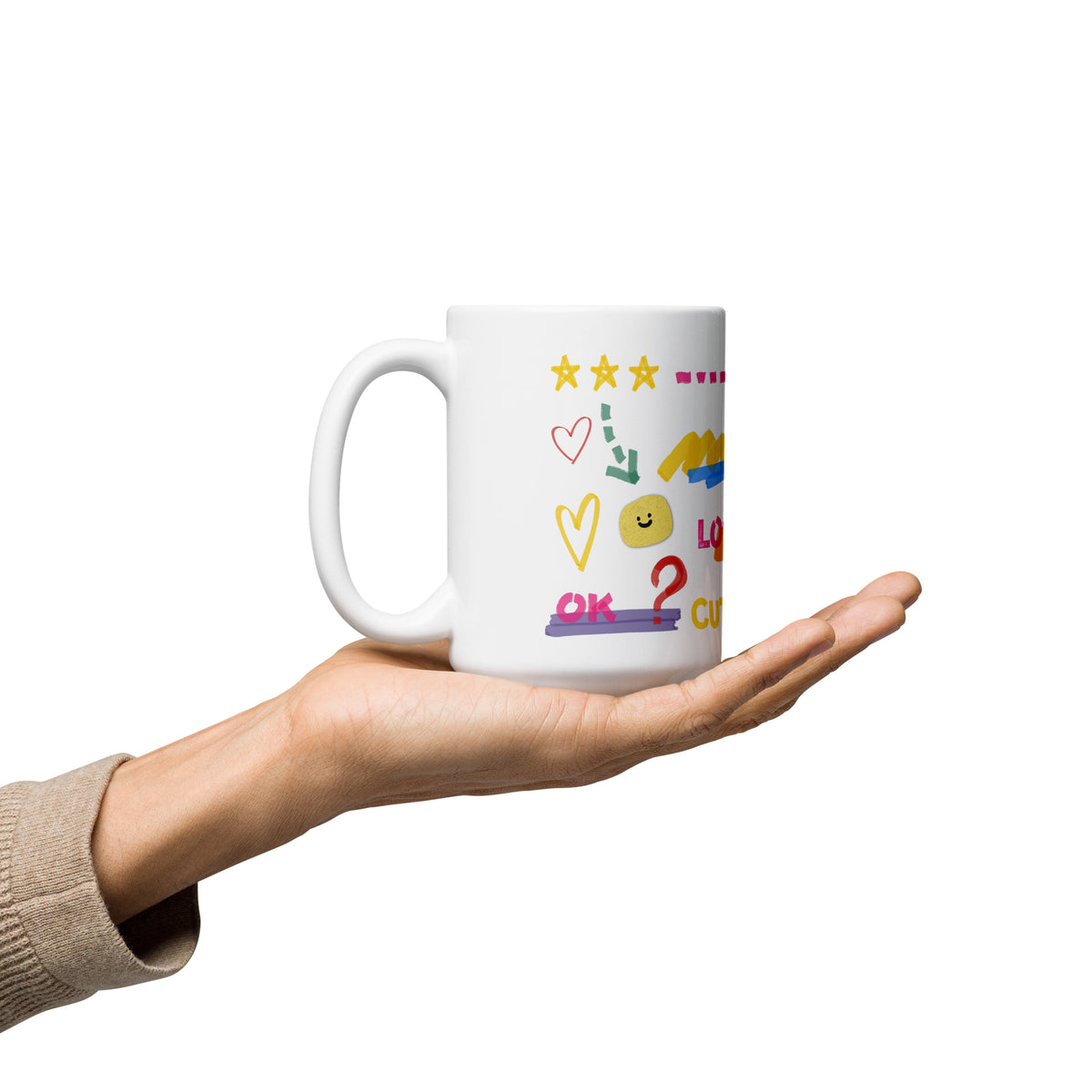 This custom white ceramic mug features an adorable brown poodle portrait surrounded by playful hand-drawn doodles, including hearts, checkmarks and colourful marker strokes.
Vibrant, whimsical decorations wrap around both sides of the cup, making it a sweet personalized gift for dog lovers.
Perfect for enjoying your morning coffee while showing off your love for your furry friend.