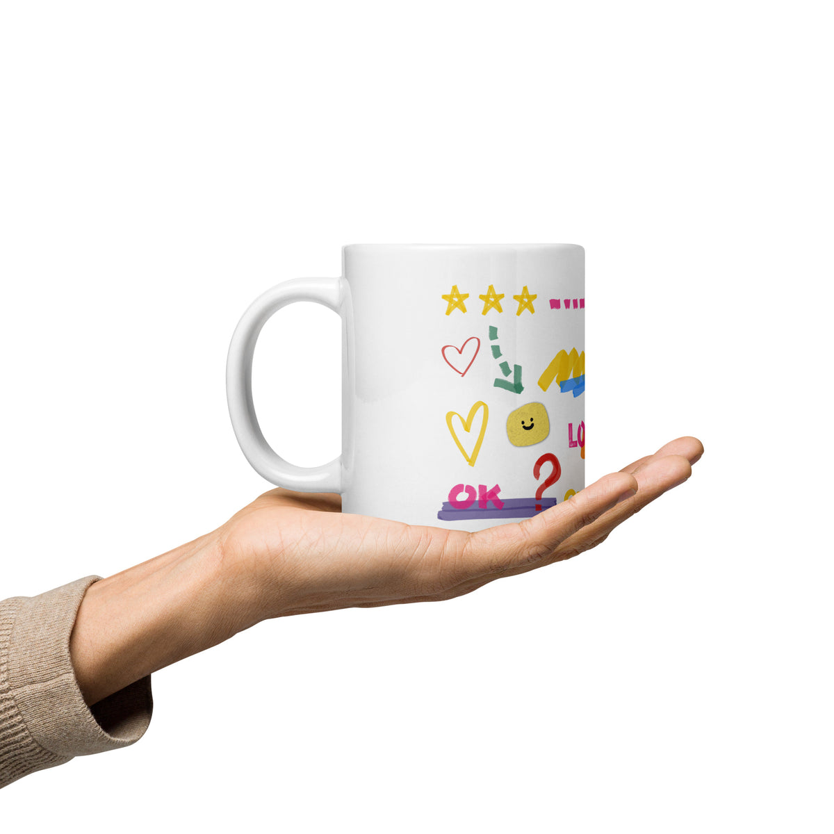 This custom white ceramic mug features an adorable brown poodle portrait surrounded by playful hand-drawn doodles, including hearts, checkmarks and colourful marker strokes.
Vibrant, whimsical decorations wrap around both sides of the cup, making it a sweet personalized gift for dog lovers.
Perfect for enjoying your morning coffee while showing off your love for your furry friend.