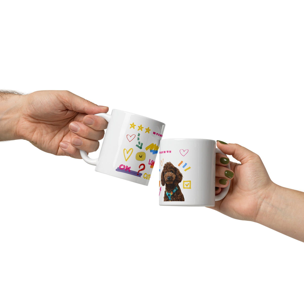 This custom white ceramic mug features an adorable brown poodle portrait surrounded by playful hand-drawn doodles, including hearts, checkmarks and colourful marker strokes.
Vibrant, whimsical decorations wrap around both sides of the cup, making it a sweet personalized gift for dog lovers.
Perfect for enjoying your morning coffee while showing off your love for your furry friend.