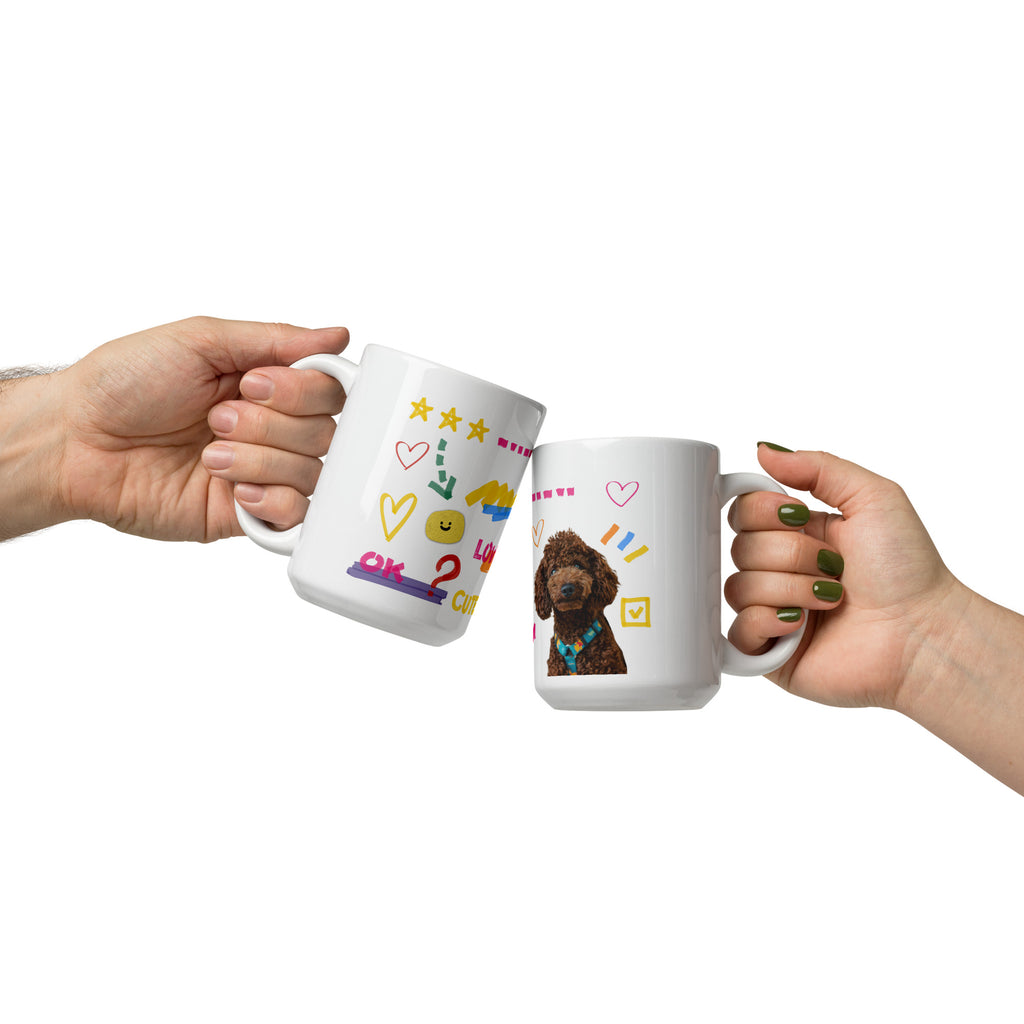 This custom white ceramic mug features an adorable brown poodle portrait surrounded by playful hand-drawn doodles, including hearts, checkmarks and colourful marker strokes.
Vibrant, whimsical decorations wrap around both sides of the cup, making it a sweet personalized gift for dog lovers.
Perfect for enjoying your morning coffee while showing off your love for your furry friend.