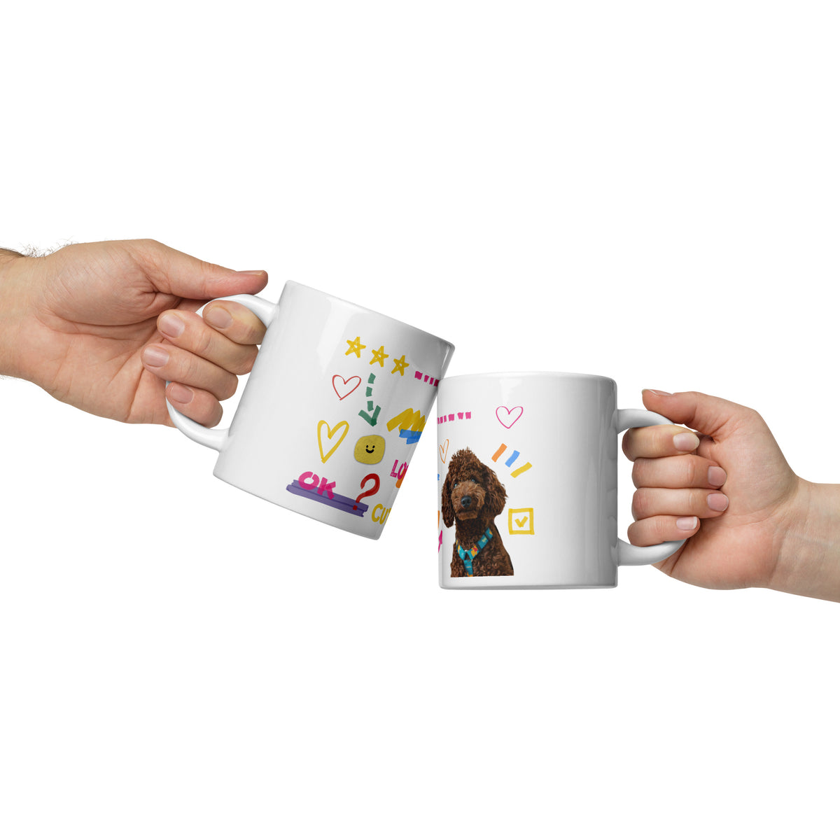 This custom white ceramic mug features an adorable brown poodle portrait surrounded by playful hand-drawn doodles, including hearts, checkmarks and colourful marker strokes.
Vibrant, whimsical decorations wrap around both sides of the cup, making it a sweet personalized gift for dog lovers.
Perfect for enjoying your morning coffee while showing off your love for your furry friend.