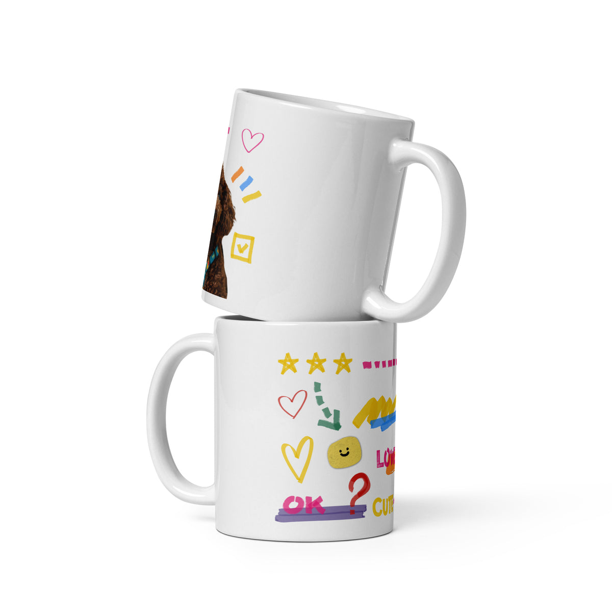 This custom white ceramic mug features an adorable brown poodle portrait surrounded by playful hand-drawn doodles, including hearts, checkmarks and colourful marker strokes.
Vibrant, whimsical decorations wrap around both sides of the cup, making it a sweet personalized gift for dog lovers.
Perfect for enjoying your morning coffee while showing off your love for your furry friend.