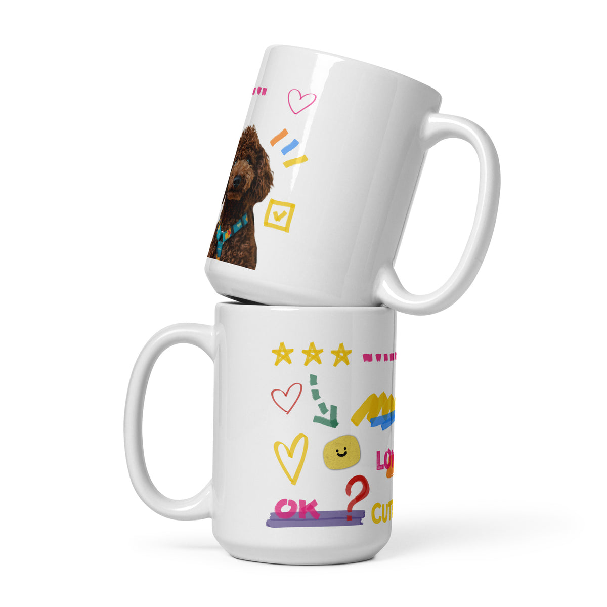 This custom white ceramic mug features an adorable brown poodle portrait surrounded by playful hand-drawn doodles, including hearts, checkmarks and colourful marker strokes.
Vibrant, whimsical decorations wrap around both sides of the cup, making it a sweet personalized gift for dog lovers.
Perfect for enjoying your morning coffee while showing off your love for your furry friend.