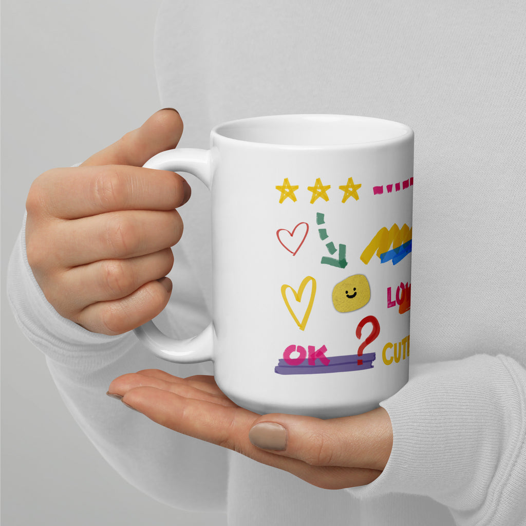 This custom white ceramic mug features an adorable brown poodle portrait surrounded by playful hand-drawn doodles, including hearts, checkmarks and colourful marker strokes.
Vibrant, whimsical decorations wrap around both sides of the cup, making it a sweet personalized gift for dog lovers.
Perfect for enjoying your morning coffee while showing off your love for your furry friend.
