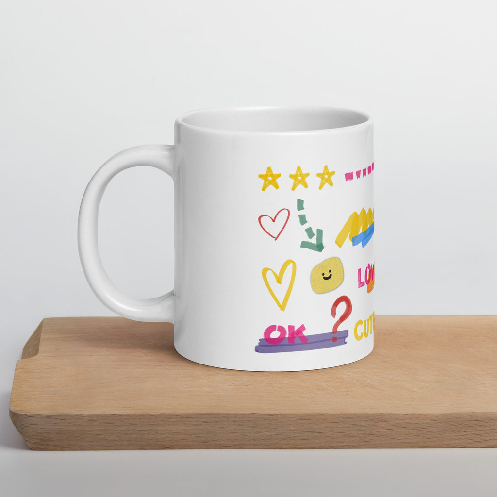 This custom white ceramic mug features an adorable brown poodle portrait surrounded by playful hand-drawn doodles, including hearts, checkmarks and colourful marker strokes.
Vibrant, whimsical decorations wrap around both sides of the cup, making it a sweet personalized gift for dog lovers.
Perfect for enjoying your morning coffee while showing off your love for your furry friend.