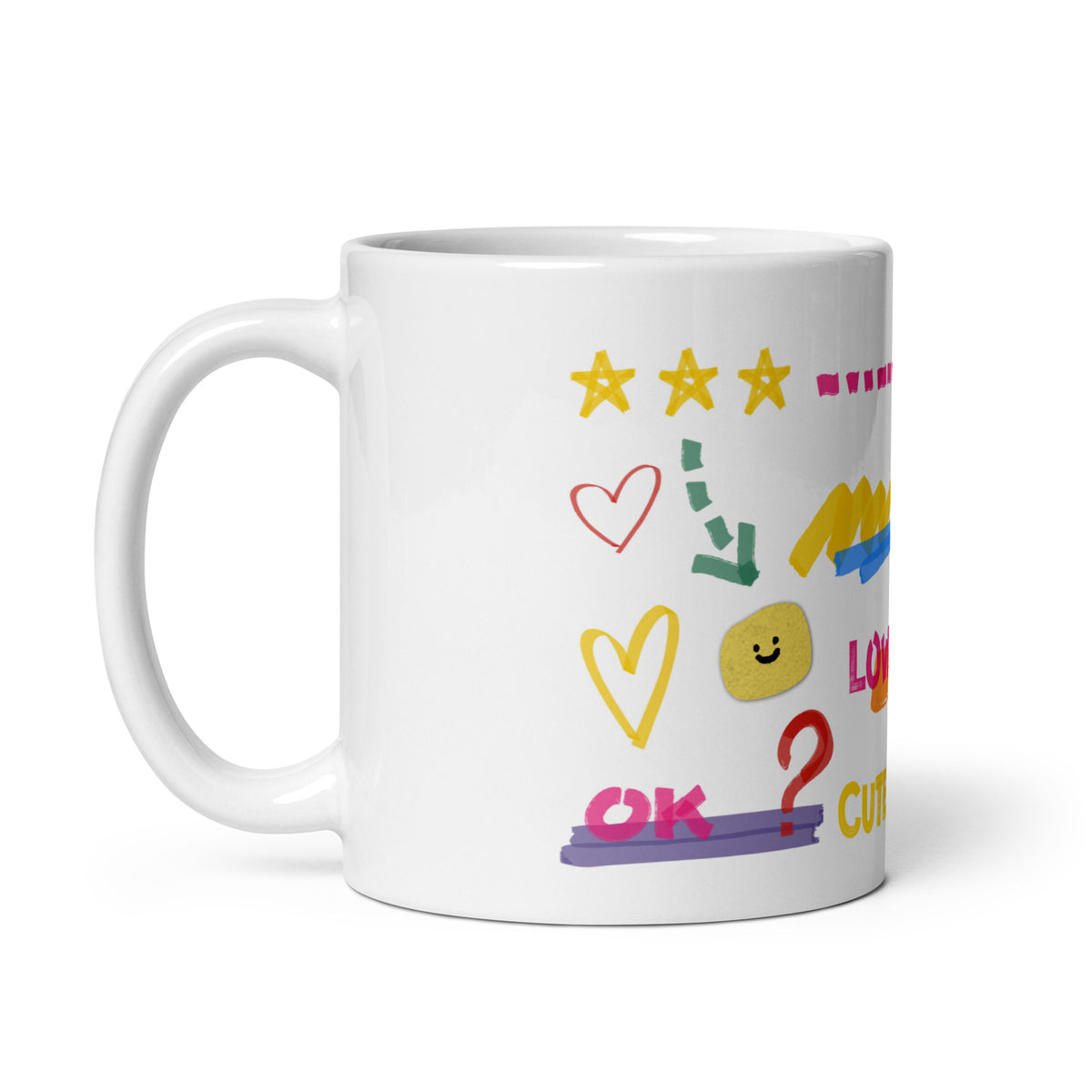 This custom white ceramic mug features an adorable brown poodle portrait surrounded by playful hand-drawn doodles, including hearts, checkmarks and colourful marker strokes.
Vibrant, whimsical decorations wrap around both sides of the cup, making it a sweet personalized gift for dog lovers.
Perfect for enjoying your morning coffee while showing off your love for your furry friend.