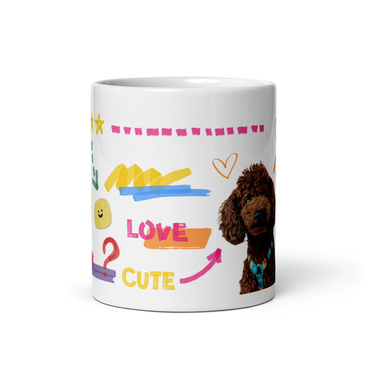 This custom white ceramic mug features an adorable brown poodle portrait surrounded by playful hand-drawn doodles, including hearts, checkmarks and colourful marker strokes.
Vibrant, whimsical decorations wrap around both sides of the cup, making it a sweet personalized gift for dog lovers.
Perfect for enjoying your morning coffee while showing off your love for your furry friend.