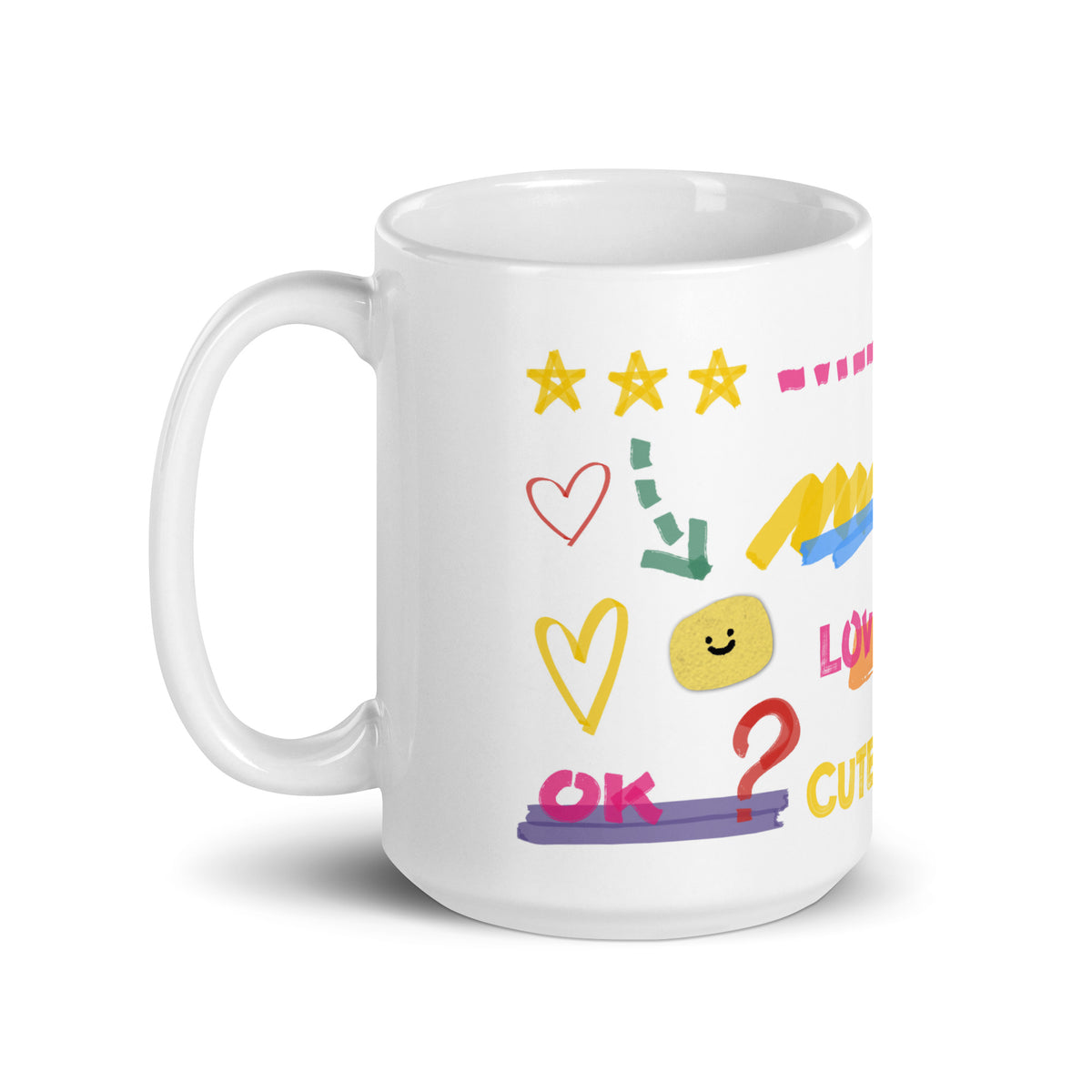 This custom white ceramic mug features an adorable brown poodle portrait surrounded by playful hand-drawn doodles, including hearts, checkmarks and colourful marker strokes.
Vibrant, whimsical decorations wrap around both sides of the cup, making it a sweet personalized gift for dog lovers.
Perfect for enjoying your morning coffee while showing off your love for your furry friend.