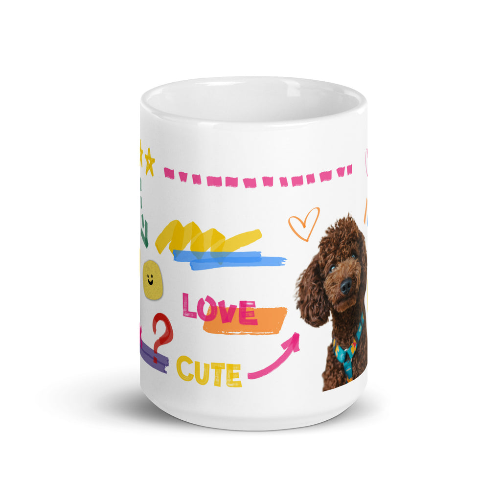 This custom white ceramic mug features an adorable brown poodle portrait surrounded by playful hand-drawn doodles, including hearts, checkmarks and colourful marker strokes.
Vibrant, whimsical decorations wrap around both sides of the cup, making it a sweet personalized gift for dog lovers.
Perfect for enjoying your morning coffee while showing off your love for your furry friend.