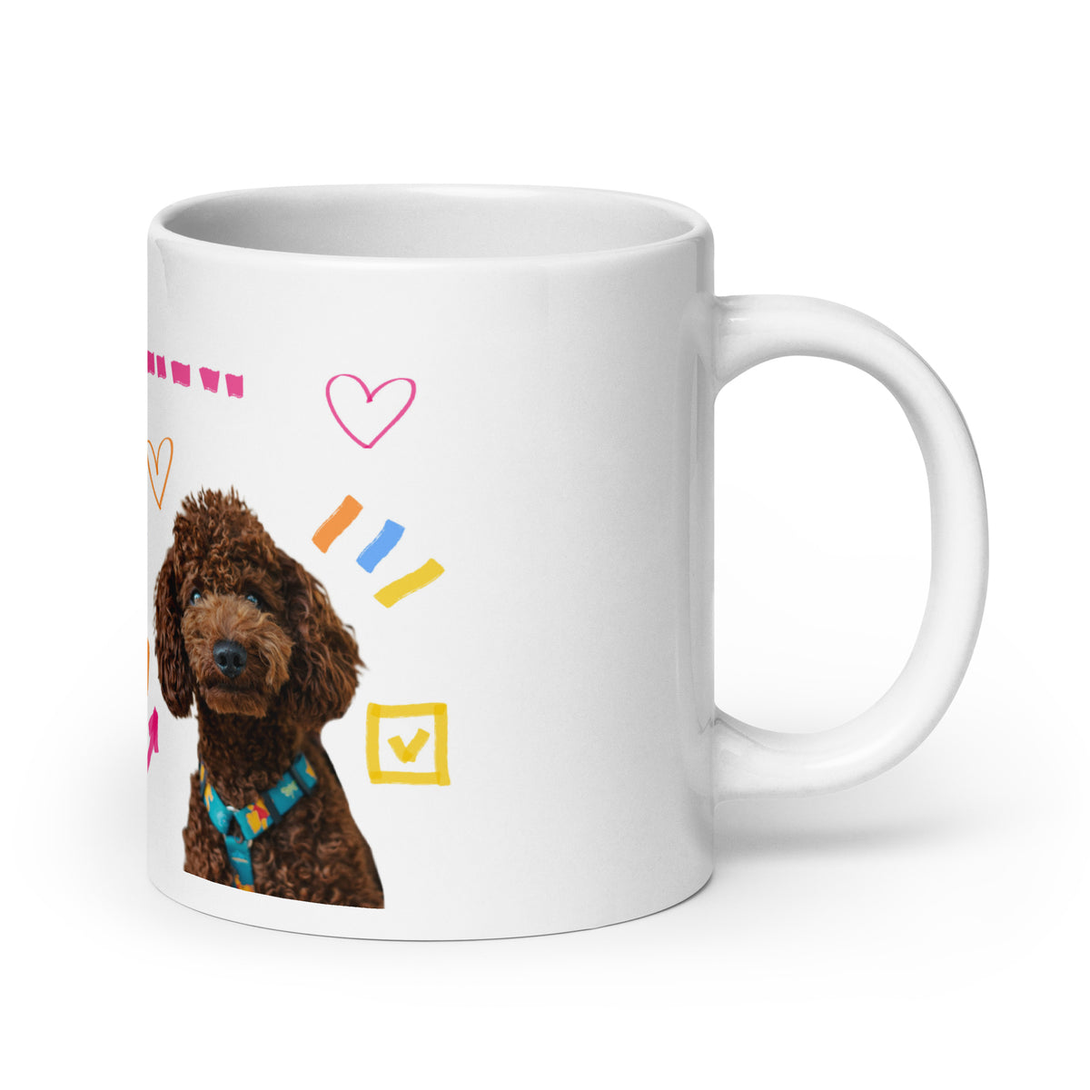 This custom white ceramic mug features an adorable brown poodle portrait surrounded by playful hand-drawn doodles, including hearts, checkmarks and colourful marker strokes.
Vibrant, whimsical decorations wrap around both sides of the cup, making it a sweet personalized gift for dog lovers.
Perfect for enjoying your morning coffee while showing off your love for your furry friend.
