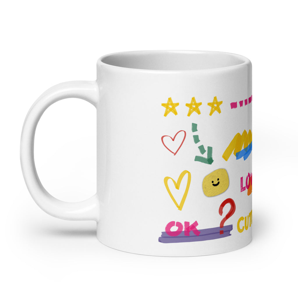 This custom white ceramic mug features an adorable brown poodle portrait surrounded by playful hand-drawn doodles, including hearts, checkmarks and colourful marker strokes.
Vibrant, whimsical decorations wrap around both sides of the cup, making it a sweet personalized gift for dog lovers.
Perfect for enjoying your morning coffee while showing off your love for your furry friend.