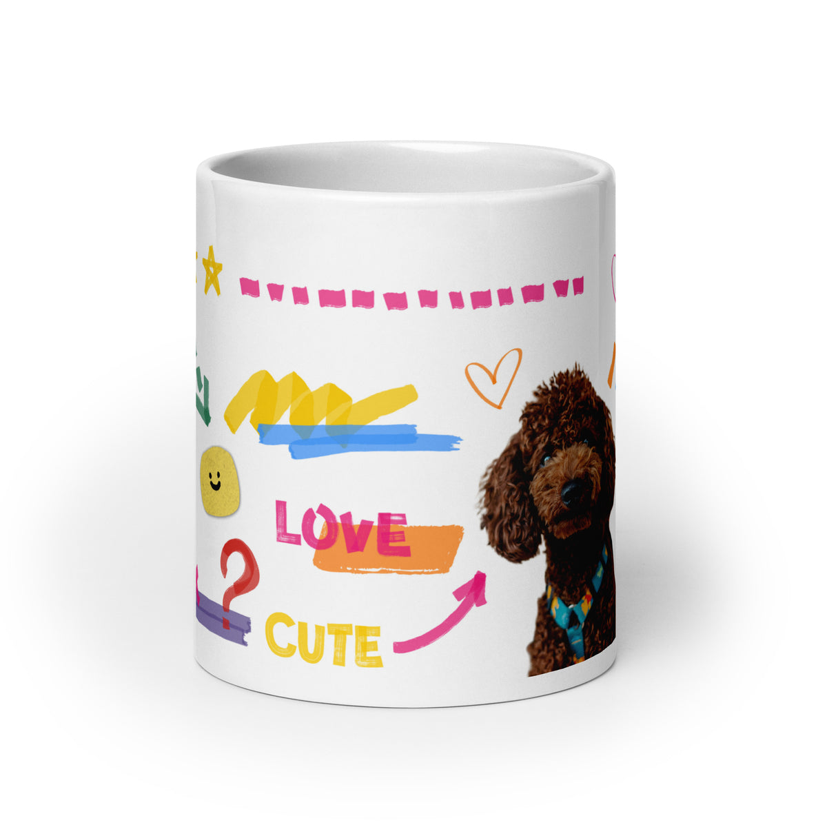 This custom white ceramic mug features an adorable brown poodle portrait surrounded by playful hand-drawn doodles, including hearts, checkmarks and colourful marker strokes.
Vibrant, whimsical decorations wrap around both sides of the cup, making it a sweet personalized gift for dog lovers.
Perfect for enjoying your morning coffee while showing off your love for your furry friend.