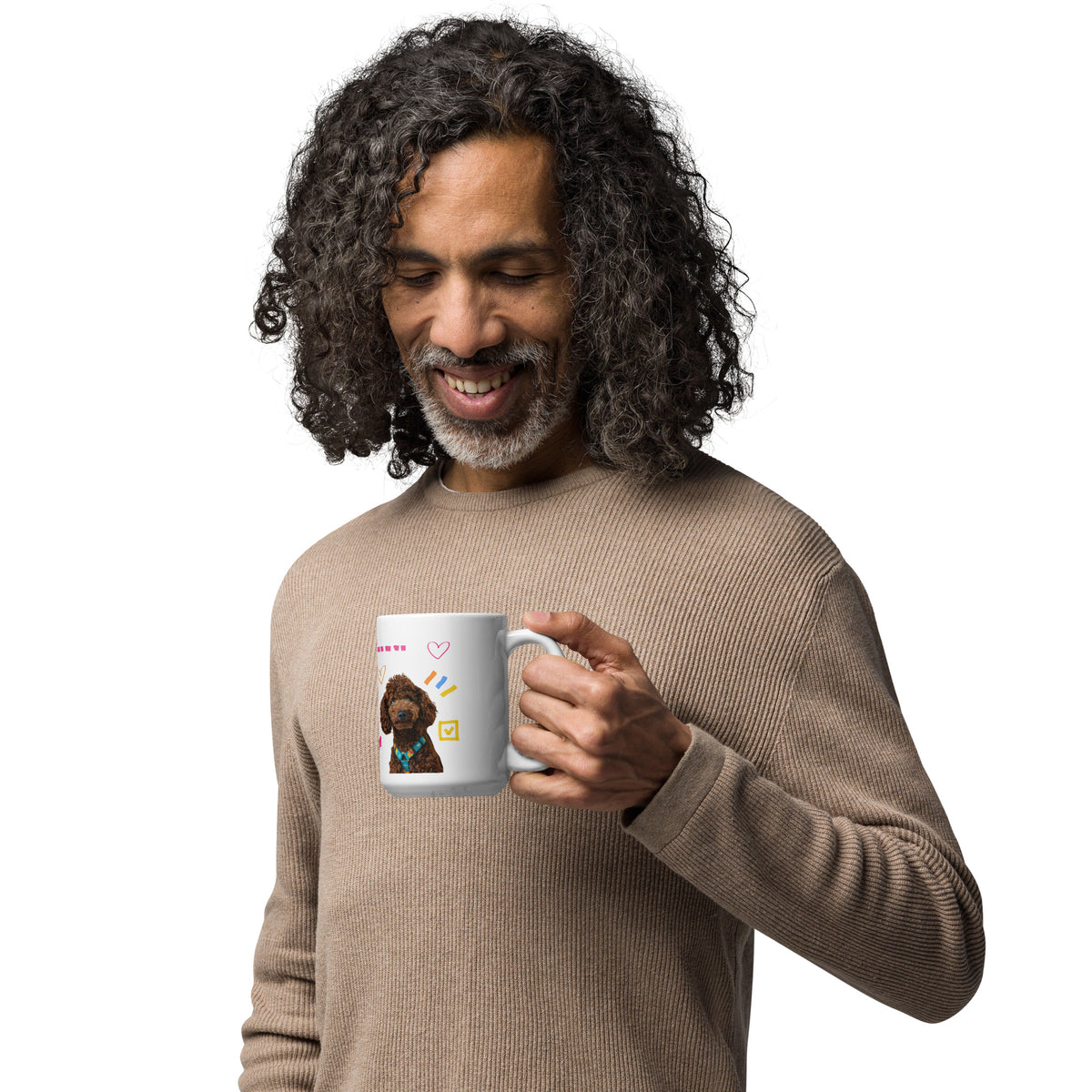This custom white ceramic mug features an adorable brown poodle portrait surrounded by playful hand-drawn doodles, including hearts, checkmarks and colourful marker strokes.
Vibrant, whimsical decorations wrap around both sides of the cup, making it a sweet personalized gift for dog lovers.
Perfect for enjoying your morning coffee while showing off your love for your furry friend.